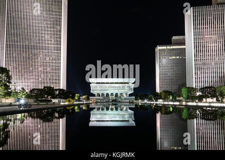 ALBANY, NY - JUNE 28: Reflection of New York State Museum on the Empire State Plaza  at night on June 28, 2017 Stock Photo