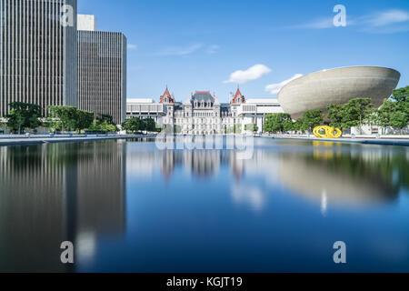 ALBANY, NY - JUNE 28: Reflection of buildings along the Empire State Plaza in Albany, New York on June 28, 2017. Stock Photo