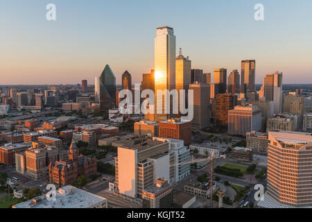 Aerial view of Dallas, Texas city skyline at sunset Stock Photo