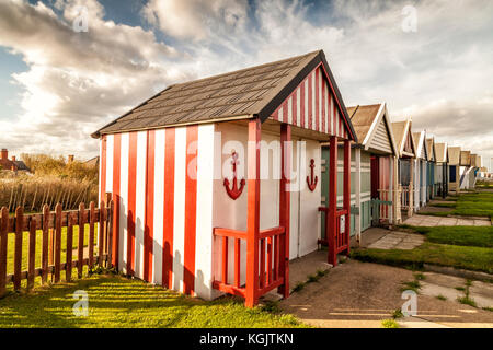 Beach Huts on promenade at Sutton on Sea, east Coast of England October 2017 Stock Photo