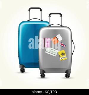 Wheeled plastic suitcases with baggage travel tags on white Stock Vector