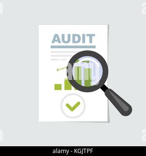 Audit and report icon - magnifier on, verification and review concept Stock Vector