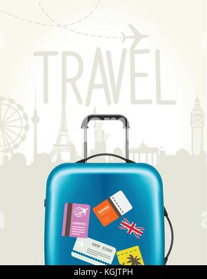 Travel around the world - modern suitcase with travel tags Stock Vector