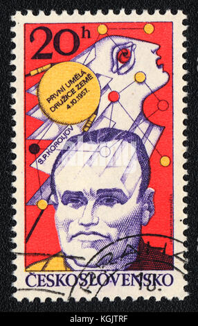 A postage stamp printed in CZECHOSLOVAKIA  shows Sputnik 1, portait of Korolev, circa 1977 Stock Photo