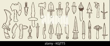 Hand drawn Medieval Weapon Icons Vector Set on beige background Stock Vector