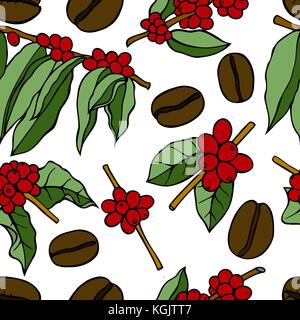 Colored Vector Seamless pattern with plants and coffee beans Stock Vector