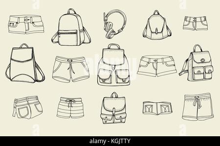 Hand drawn Vector Set of Sketch Doodle Backpacks and women jeans shorts. Casual Backpack, Fashion Backpack. Vector illustration. Back to school. Stock Vector