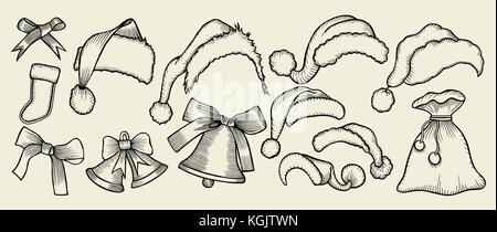 Set of monochrome doodle hats Santa Claus. Template Christmas hat for design, decorating cards and collages. Stock Vector