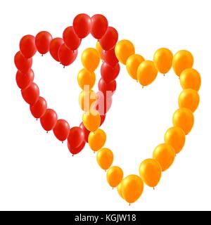Two Vector Red and yellow balloons in the form of Valentines heart, illustration. Stock Vector