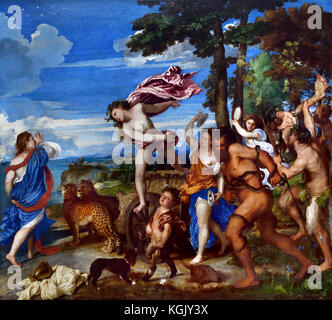 Bacchus and Ariadne 1520-3 by Titian - Tiziano Vecelli or Tiziano Vecellio 1515 - 1517 Venice Italy Italian ( Bacchus, god of wine, emerges with his followers from the landscape to the right. Falling in love with Ariadne on sight ) Stock Photo