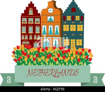 Vector illustration in cartoon style with symbols of Amsterdam Stock Vector