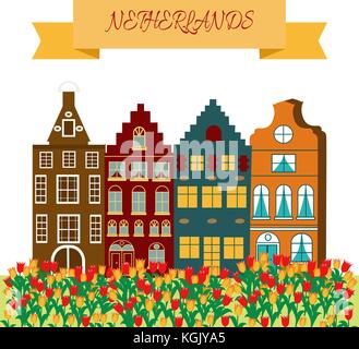 Vector illustration in cartoon style with symbols of Amsterdam Stock Vector