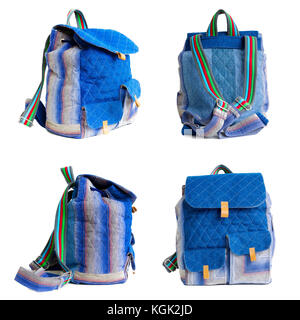 Set of blue backpack bag on white background, backpack for journey Stock Photo