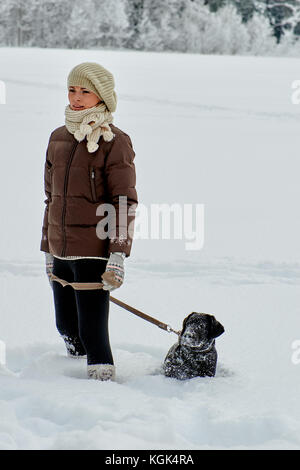 A girl in a light knitted hat and a dark winter jacket is standing next to a large black labrador dog among a field covered with snow. Stock Photo