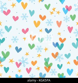 Seamless christmas pattern with stars, hearts and snowflakes Stock Vector