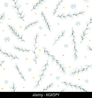 Seamless Christmas pattern with conifer branches, stars and snowflakes Stock Vector