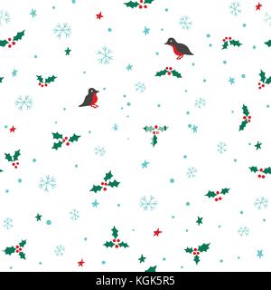 Seamless christmas pattern with snowflakes, stars, holly and birds Stock Vector