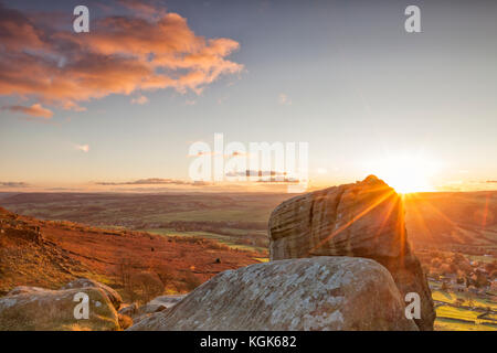 sunset over Curbar Edge, peak District National Park, Derbyshire, England Stock Photo