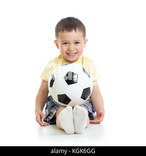 little boy with soccer ball isolated in white Stock Photo