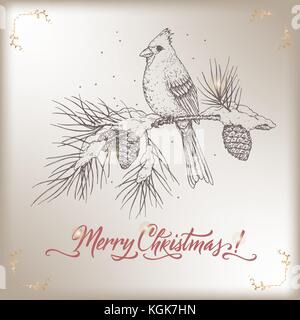 Vintage Christmas card with cardinal bird on pine branch and holiday brush lettering Stock Vector