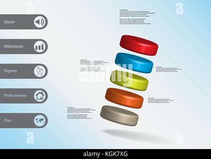 3D illustration infographic template with motif of five color cylinders askew arranged with simple sign and sample text on side in bars. Light blue gr Stock Vector