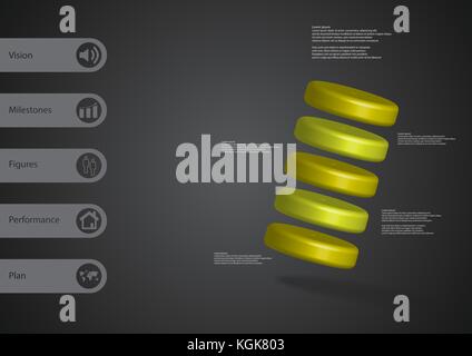 3D illustration infographic template with motif of five green cylinders askew arranged with simple sign and sample text on side in bars. Dark grey gra Stock Vector