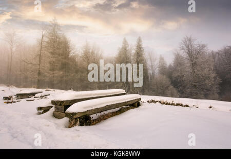 abandoned camping place in winter forest. amazing weather with hoarfrost at sunrise Stock Photo