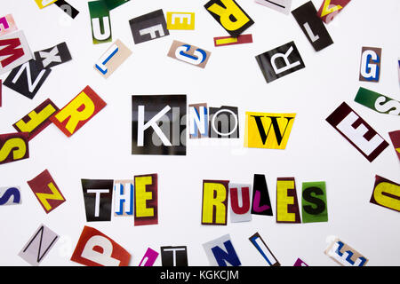A word writing text showing concept of Know The Rules made of different magazine newspaper letter for Business case on the white background with space Stock Photo