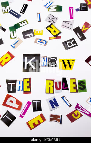 A word writing text showing concept of Know The Rules made of different magazine newspaper letter for Business case on the white background with space Stock Photo
