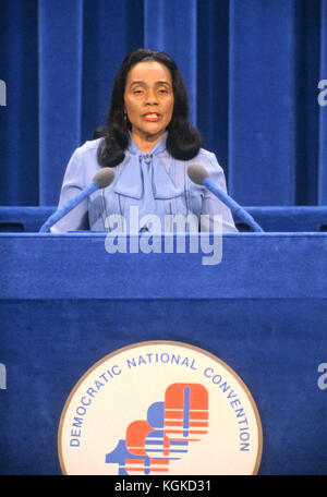 Coretta Scott King, wife of slain civil rights leader Reverend Dr. Martin Luther King, Jr., makes remarks at the 1980 Democratic National Convention in Madison Square Garden in New York, New York on August 13, 1980. Credit: Arnie Sachs / CNP /MediaPunch Stock Photo