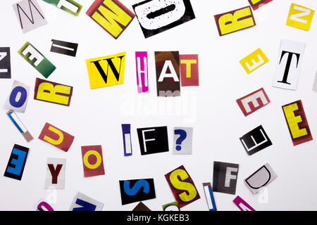 A word writing text showing concept of What If question made of different magazine newspaper letter for Business case on the white background with spa Stock Photo