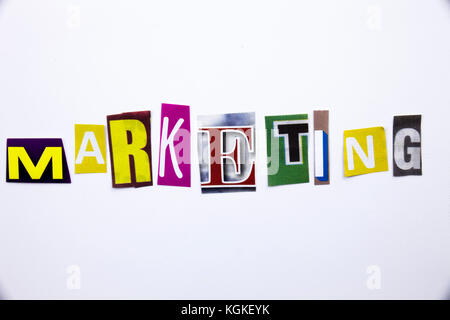 A word writing text showing concept of Marketing made of different magazine newspaper letter for Business case on the white background with space Stock Photo