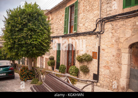 Large tree next to townhouse on street in Valldemossa, Mallorca Stock Photo