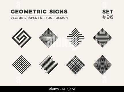 Set of eight minimalistic trendy shapes. Stylish vector logo emblems for Your design. Simple creative geometric signs collection. Stock Vector