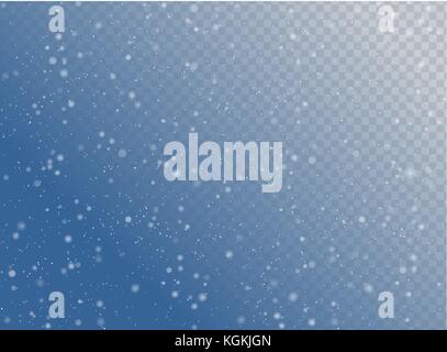 Seamless vector white snowfall effect on blue transparent horizontal background. Overlay snow flake Christmas or New Year winter effect. Stock Vector