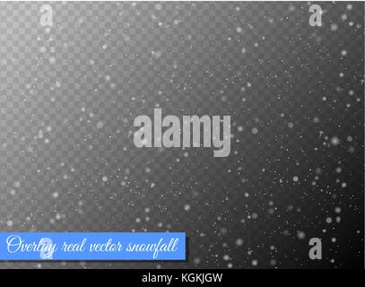 Seamless vector white snowfall effect on black transparent horizontal background. Overlay snow flake Christmas or New Year winter effect. Stock Vector