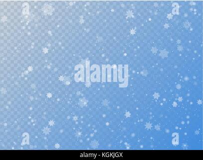 Seamless vector white snowfall effect on blue transparent horizontal background. Overlay snow flake Christmas or New Year winter effect. Elegant snowf Stock Vector