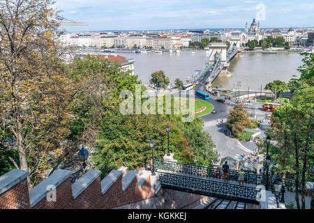 Budapest Castle Hill Funicular Railway and Chain Bridge on a sunny day in Hungary Stock Photo