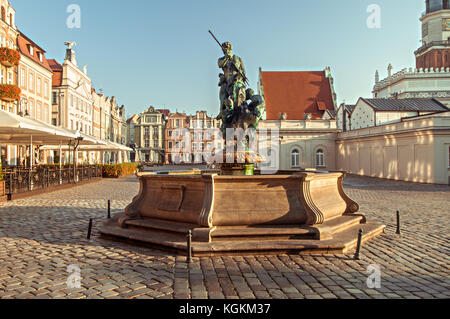 POZNAN, POLAND -  OCTOBER 01th, 2017: Neptune's Fountain - one of the four fountains on the Old Market Square in Poznan. Stock Photo
