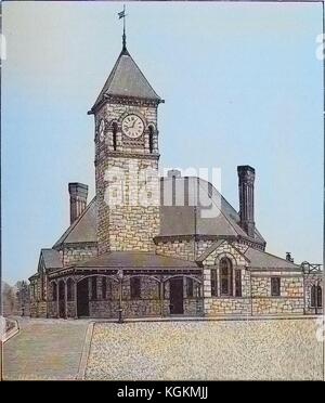 Engraved image of Dedham Station, a railroad station with a clock tower in Dedham, Massachusetts, 1893. Courtesy Internet Archive. Note: Image has been digitally colorized using a modern process. Colors may not be period-accurate. Stock Photo