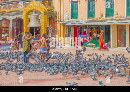 KATHMANDU, NEPAL OCTOBER 15, 2017: Unidentified people walking in the square surrounding of hundred of pigeons in front of a huge bell under a stoned gold structure in Kathmandu Boudhanath Stupa in Boudha town, Nepal Stock Photo