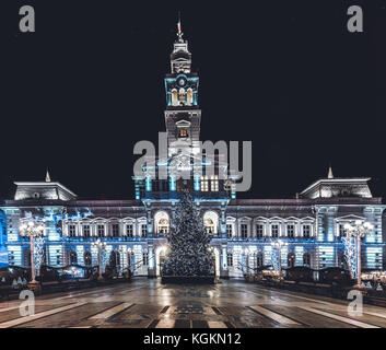 Arad City Hall at night during winter holidays, Romania, December 2015 Stock Photo