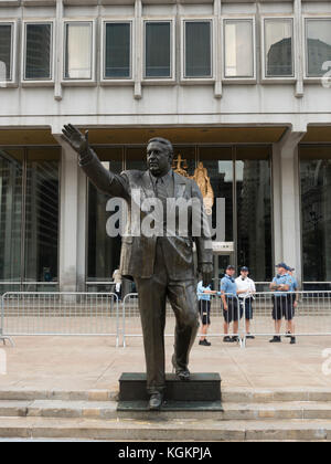 The defaced (with eggs) statue of former Mayor and Police Commissioner Frank Rizzo outside the Municipal Services Building, Philadelphia, PA, USA. Stock Photo