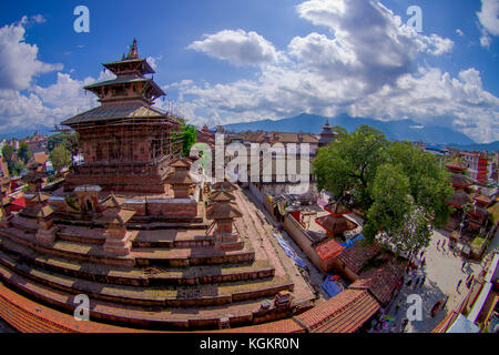 KATHMANDU, NEPAL OCTOBER 15, 2017: Aerial view of Durbar Square near the old Indian temples in Katmandu, fish eye effect Stock Photo