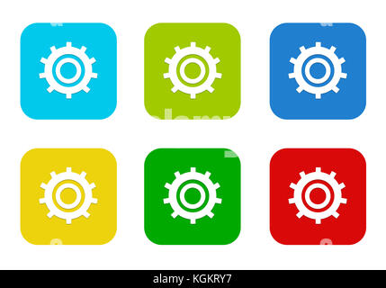Set of rounded square colorful flat icons with gears symbol in blue, green, yellow, cyan and red colors Stock Photo