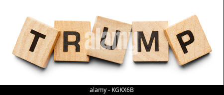 Trump Spelled with Wood Tiles Isolated on a White Background. Stock Photo