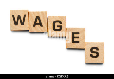 Wages Spelled with Wood Tiles Isolated on a White Background. Stock Photo