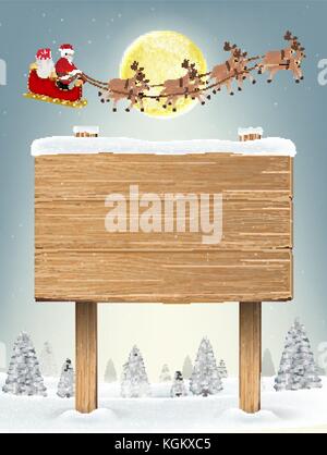 wood board sign with santa claus and reindeer Stock Vector