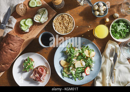 Directly above shot of various food on table Stock Photo