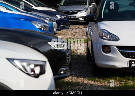 PRAGUE, CZECH REPUBLIC - NOVEMBER 5: Opel cars in front of dealership building on November 5, 2017 in Prague. PSA Group plans to cut the number of mod Stock Photo